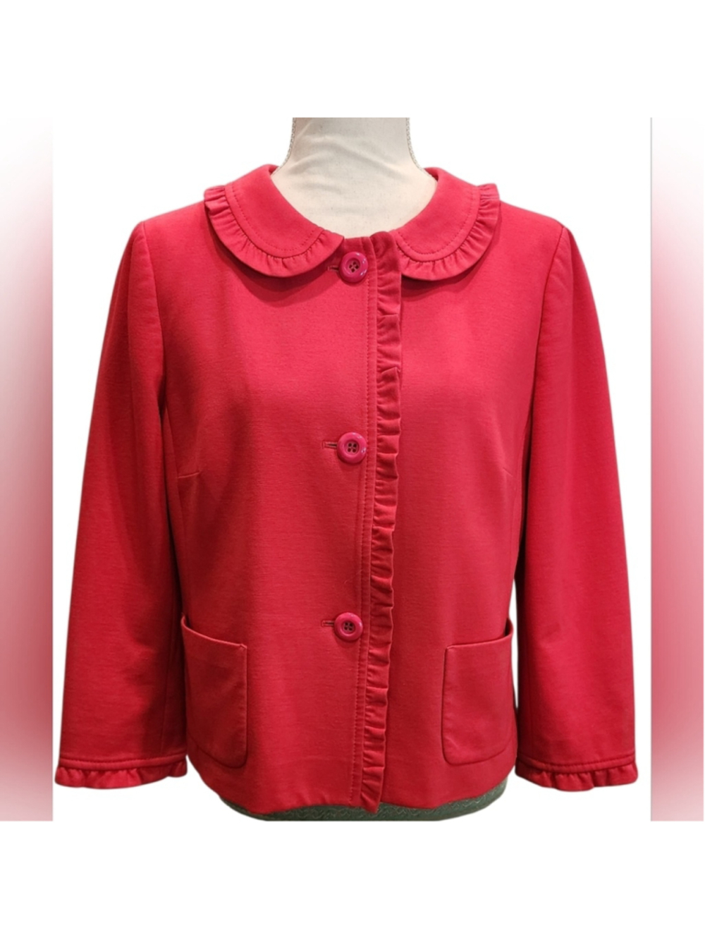 Talbots Red Peter Pan Collar Ruffle Button Jacket Blazer Women's Size 8